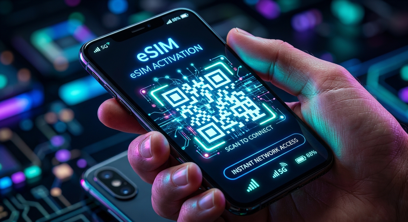 אדם מחזיק סמארטפון המציג קוד QR להפעלת סים וירטואלי (eSIM) וחיבור מהיר לרשת הסלולר.